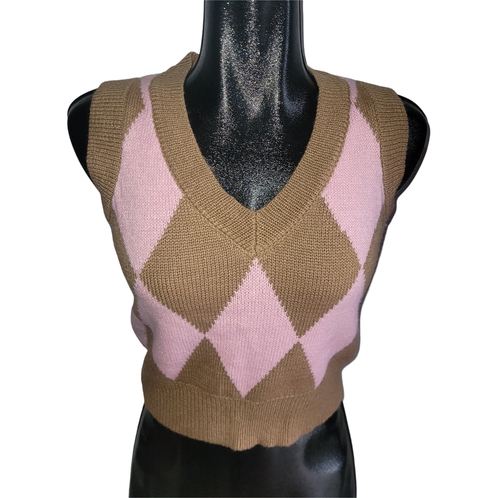 Retrod Pink and Brown Argyle V-neck Sweater Vest Size XS